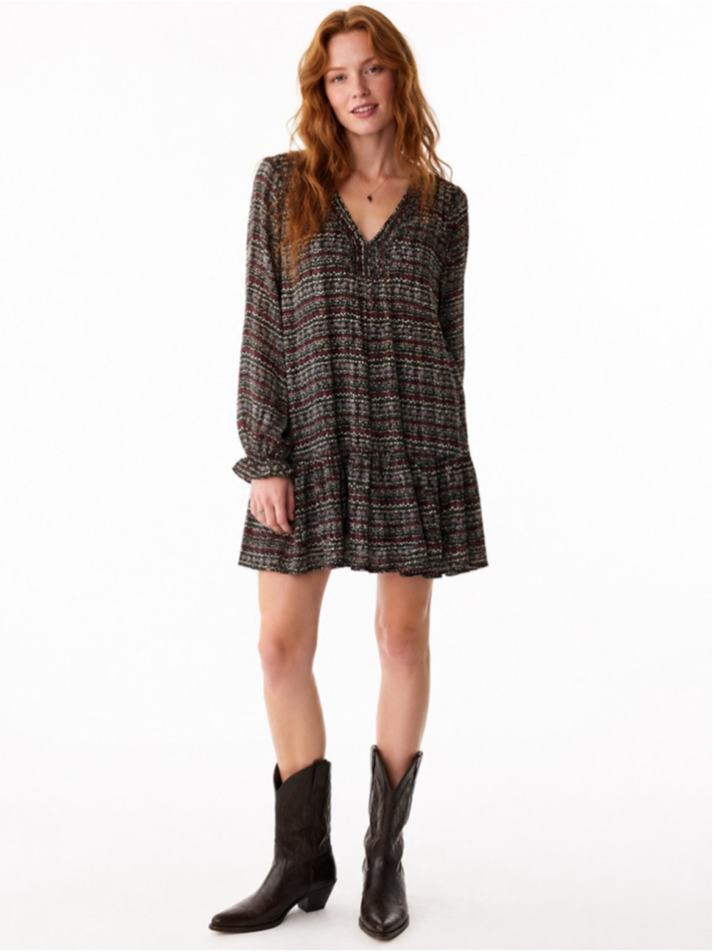 RESET Long Sleeve Tiered Mini Dress S Black Red Floral